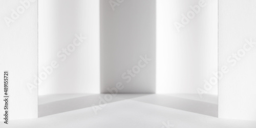Abstract white 3d studio background for cosmetic product presentation. Empty grey room with shadows of window. Display product with blurred backdrop. Banner © Lyubov