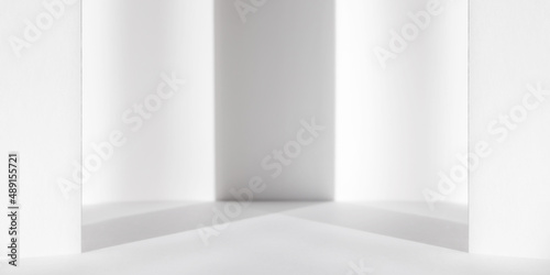 Abstract white 3d studio background for cosmetic product presentation. Empty grey room with shadows of window. Display product with blurred backdrop. Banner
