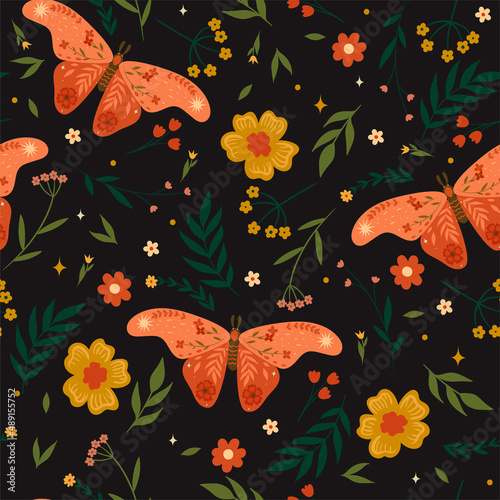 Seamless pattern with moths and leaves. Vector graphics.