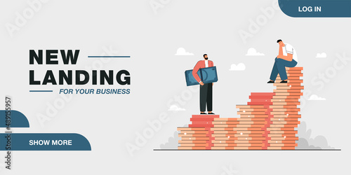 Businessman sitting on stack of gold coins and man with cash. Male character investing in business flat vector illustration. Investment, success, finances concept for banner or landing web page