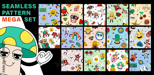 Mega set of cool seamless retro cartoon stickers with funny comic characters, gloved hands. Backgrounds with cute hand-drawn comic characters.