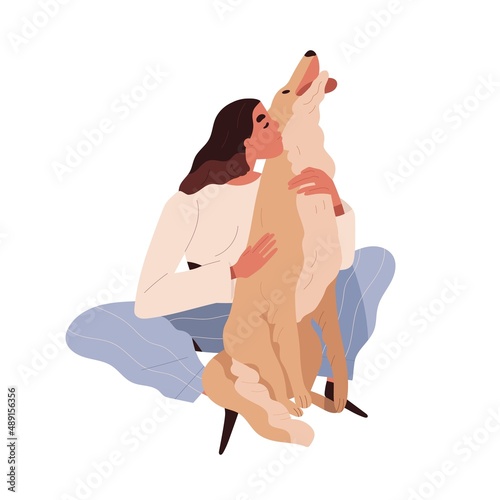 Person hugging dog with love. Pet owner and canine animal. Happy woman and affectionate doggy friend, companion. Affection and tenderness. Flat vector illustration isolated on white background