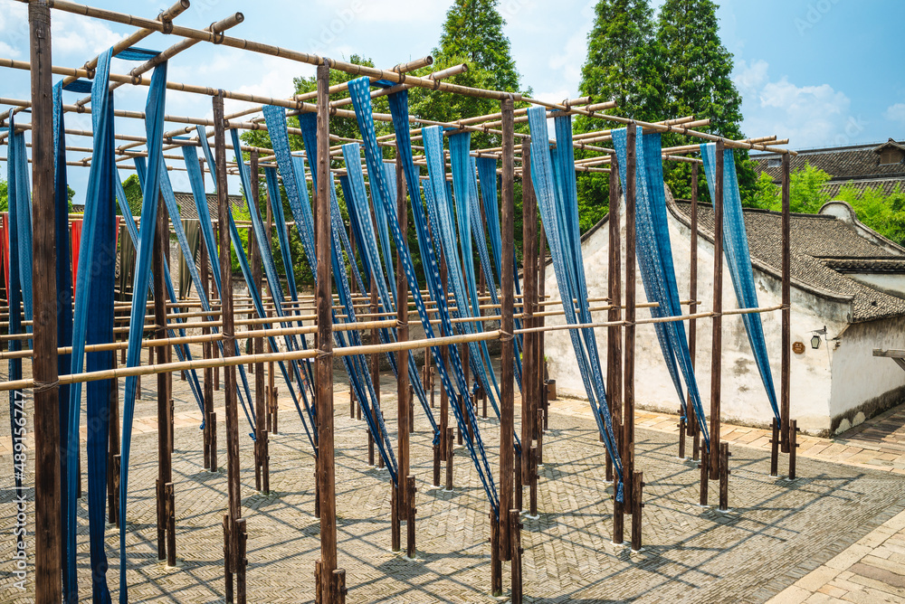 Fototapeta premium Wuzhen Indigo dyed fabric drying in historic town, wuzhen, china