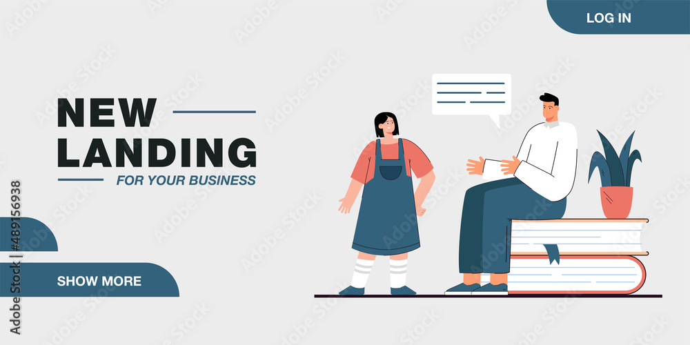 Girl talking to guy sitting on books pile. Flat vector illustration. Man and woman communicating sharing thoughts. Literature, education, imagination concept. Web page landing. Girl talking to guy sitting on books pile. Flat vector illustration. Man and woman communicating sharing thoughts. Literature, education, imagination concept. Web page landing.