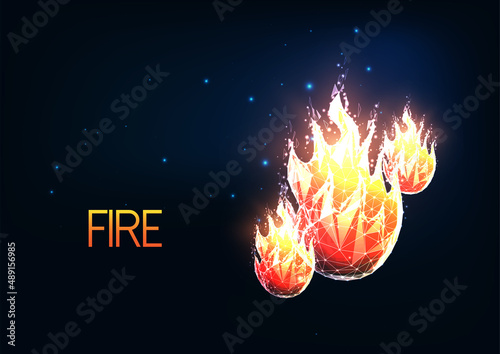 Futuristic glowing low polygonal fire concept isolated on dark blue background