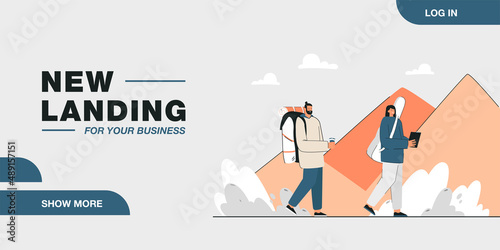 Cartoon couple on adventure together. Man and woman walking in front of pyramids or mountains flat vector illustration. Traveling, tourism concept for banner, website design or landing web page