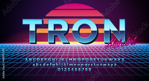 Retro alphabet font. Shiny chrome metallic effect letters and numbers. Vector font for your design. Retro futurism style 90s, 80s. Retro disco style.