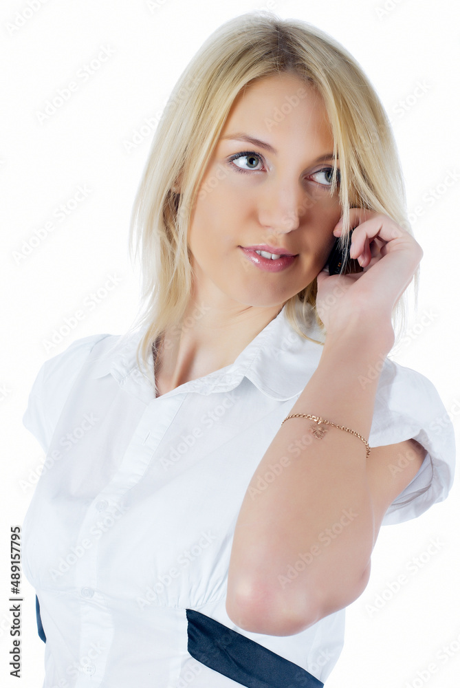 Talking woman by mobile over white Talking woman by mobile over white