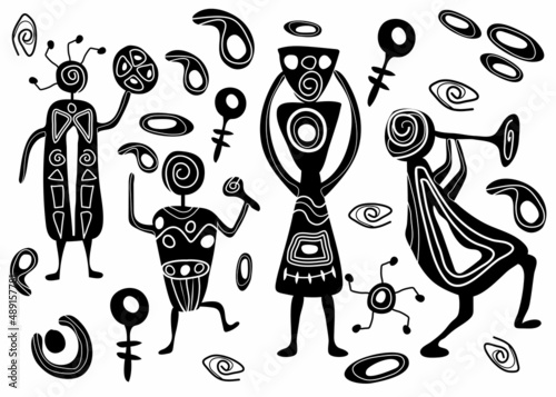 Ethnic African pattern. The culture of the peoples of Africa. Elements for fabric and any design. Abstraction. Decoration. Religious dances and songs. Signs and symbols of the peoples of the world.