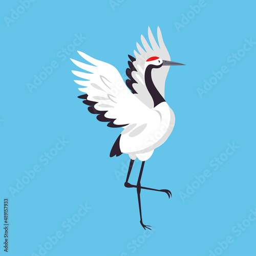 Red Crowned Crane as Long-legged and Long-necked Bird Standing with Spread Wings on Blue Background Vector Illustration