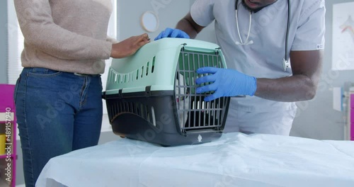 Close up on proffesional african american male vet doctor checking up jack russel dog while owner stands near, being concerned. Pet coming out of carrige. Vet clinic background. Animal care. photo