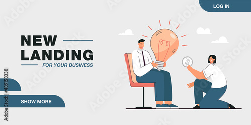 Girl paying man for his idea. Flat vector illustration. Young man holding huge light bulb, and girl handing him coin. Creativity, invention, business, patent concept for banner design or landing page