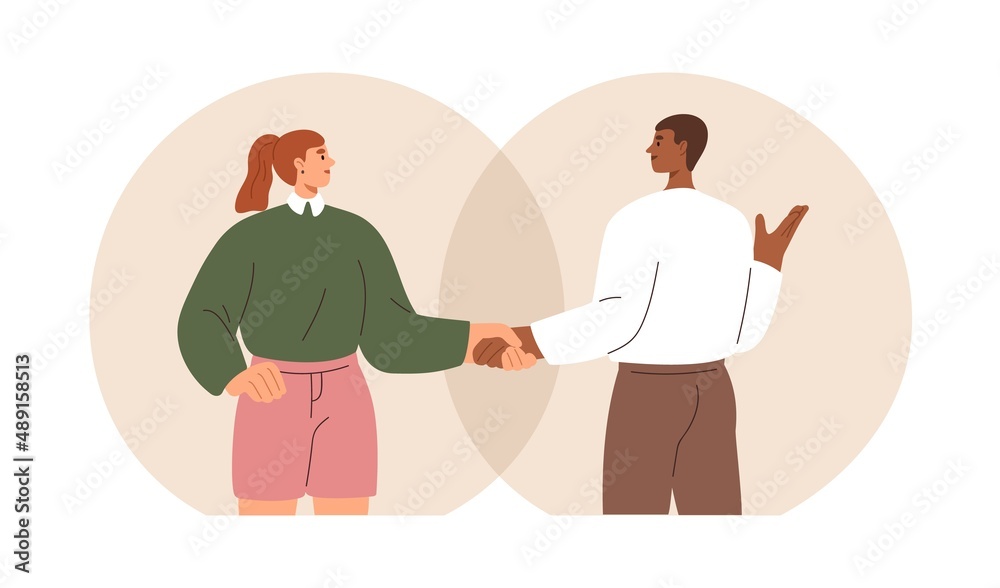 Good communication between business partners. People colleagues respecting personal boundaries. Healthy social relationships, interaction concept. Flat vector illustration isolated on white background - obrazy, fototapety, plakaty 