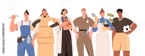 Woman of different professions, occupations, jobs. Female workers group portrait. Diverse women, plumber, police officer, athlete and gardener. Flat vector illustration isolated on white background