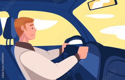 Man Character Driving Car Sitting on Driver Seat Inside Vehicle Vector Illustration