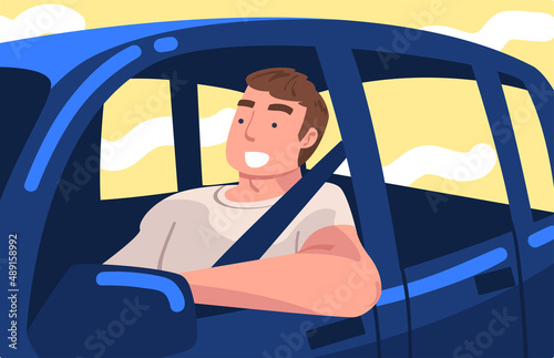 Man Character Driving Car Sitting on Driver Seat Inside Vehicle Vector Illustration