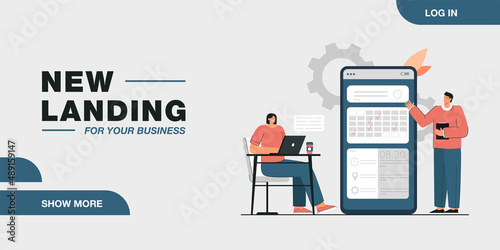 Company launching new mobile app flat vector illustration. New product as daily meeting organizer for businessman, calculator and budget planner. Concept of startup, application development process