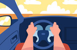 Man Character Driving Car Sitting on Driver Seat Inside Vehicle Vector Illustration