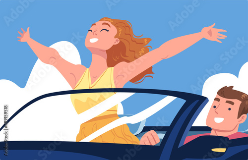 Man Character Driving Car Sitting on Driver Seat with Woman as Passenger Inside Vehicle Vector Illustration