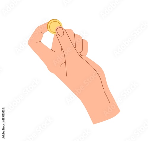 Coin in fingers icon. Hand holding cash money. Finance bonuses, aid, financial humanitarian help concept. Donator with dollar cent, penny. Flat vector illustration isolated on white background