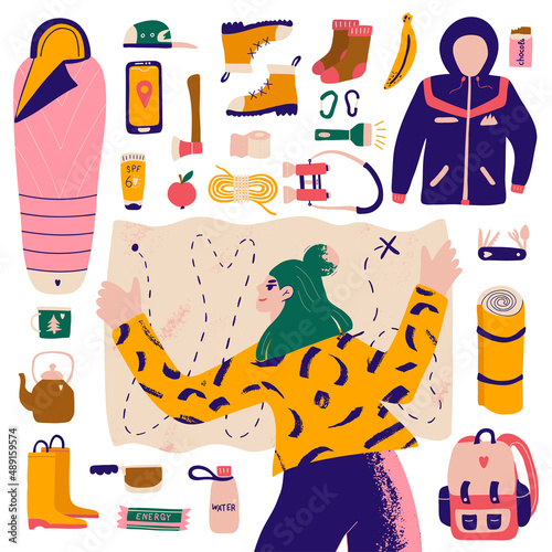 Bundle for camping and adventure. Hand drawn character and elements sleeping bag, mat, jacket and binoculars. Perfect for local tourism, camping, posters or sticker kit. Cartoon vector illustration.
