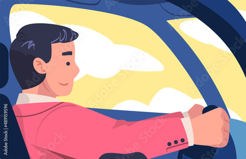 Man Character Driving Car Sitting on Driver Seat Inside Vehicle Vector Illustration