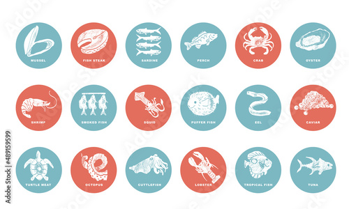 Fishes, arthropods and seafood in a abstract draw design. Simple, flat design. Patterns and backgrounds.