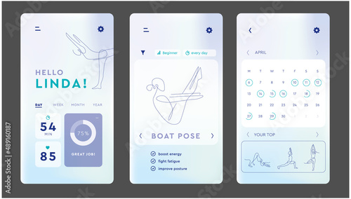 Screen app yoga class. Pilates classes mobile website. smartphone application design one line.