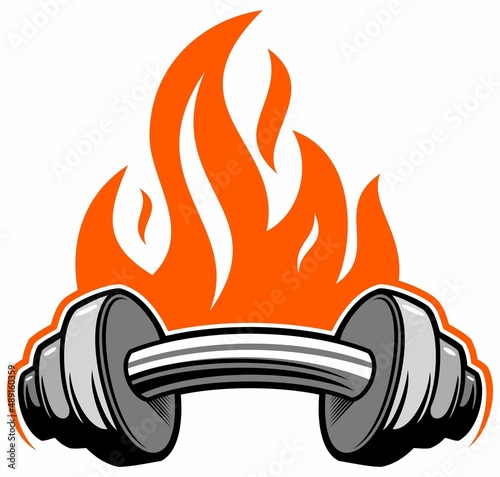 Vector heavy dumbbell with the fire flame on background. Gym, sports logo design element, isolated on white background.