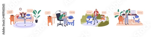 Lazy employee procrastinating, postponing work. Unmotivated person with funny excuses delaying and avoiding tasks. Procrastination concept. Flat vector illustrations isolated on white background