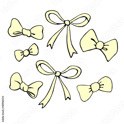 Set of vector yellow bows, ribbons. Doodles, hand drawn. Simple clip art for Easter xmas birthday Valentines Day, girls design