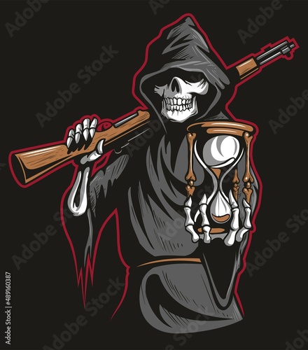 Grim Reaper holding an hour glass in one hand and rifle in the other, vector illustration.