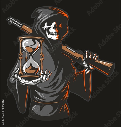Grim Reaper holding an hour glass in one hand and rifle in the other, vector illustration.
