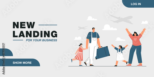 Happy mother and daughter meeting father and child at airport. Man and girl coming home after holiday flat vector illustration. Family, traveling concept for banner, website design or landing web page