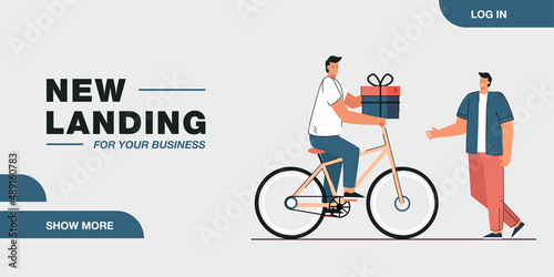 Cartoon man on bicycle delivering gift to customer or boyfriend. Male character giving gift box to guy flat vector illustration. Relationship, romance, birthday or delivery service concept for banner