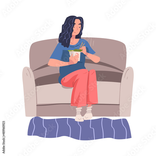 Woman Character Eating Food at Home Sitting on Sofa with Noodles and Chopsticks Vector Illustration