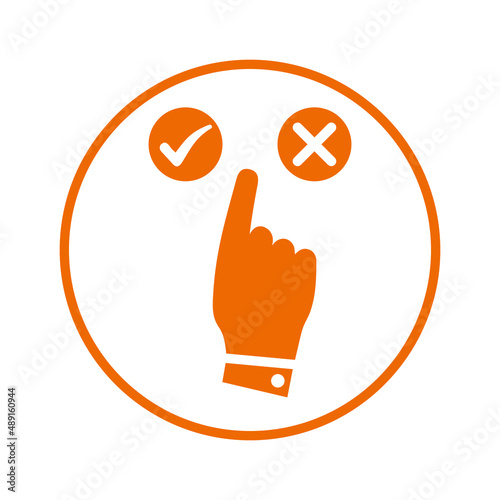 Approve, delete, right, click icon. Orange vector design.
