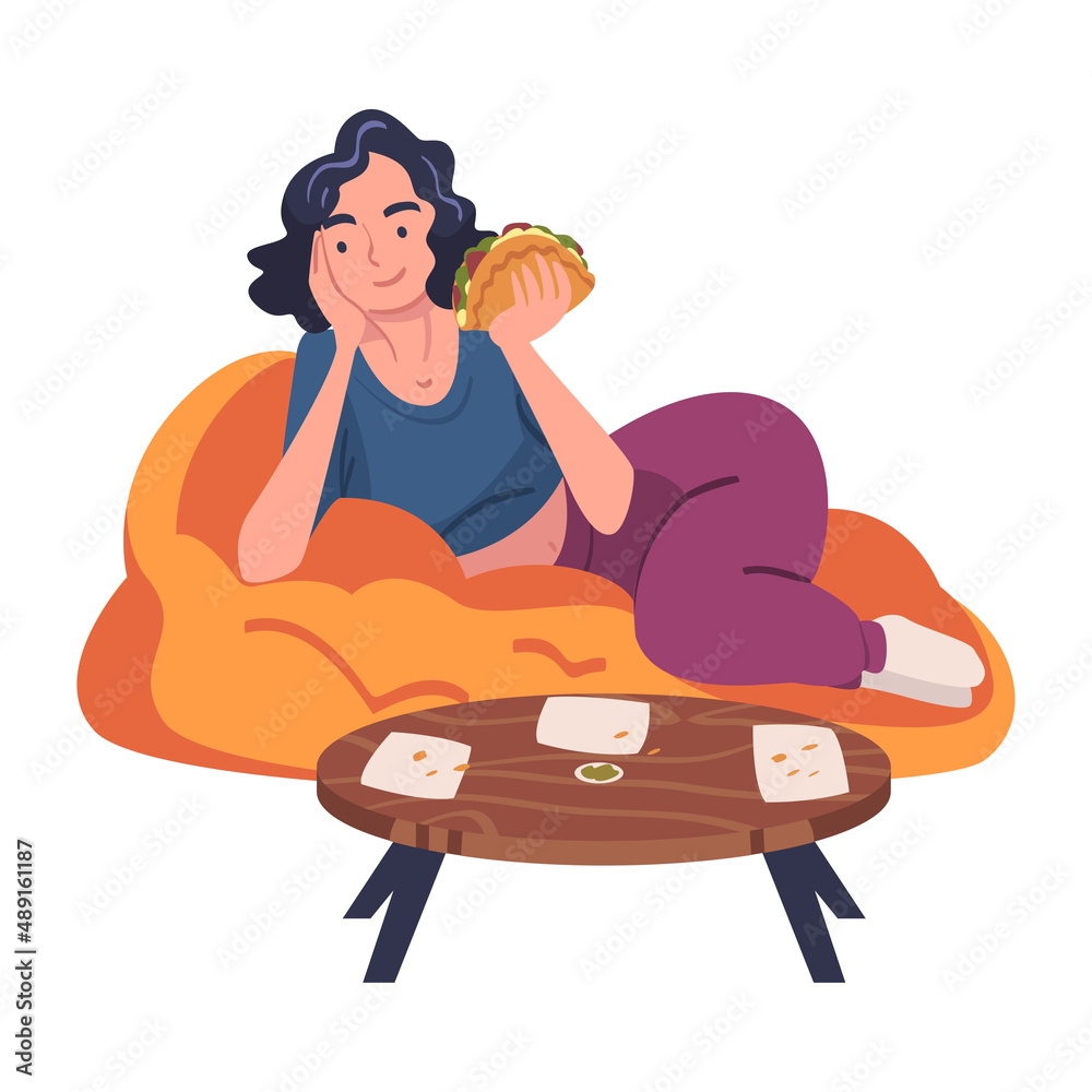 Woman Character Eating Food at Home Lying on Couch with Stuffed Tortilla Vector Illustration Woman Character Eating Food at Home Lying on Couch with Stuffed Tortilla Vector Illustration