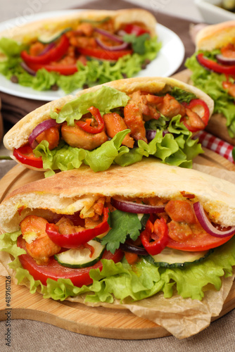 Concept of tasty food with pitas with chicken meat