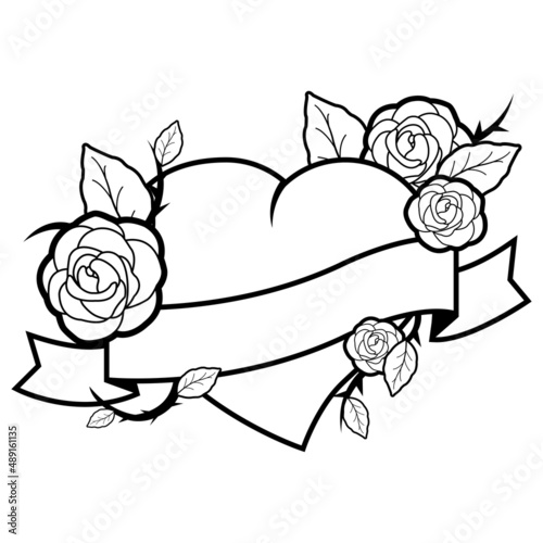 Blank banner with heart and roses. Vector black and white coloring page 