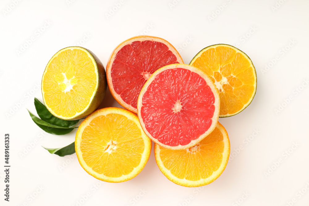 Citrus fruits on white background, top view Citrus fruits on white background, top view