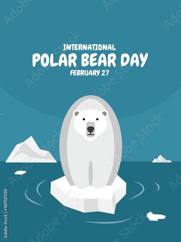 Vector illustration, polar bear standing on a shrinking iceberg, as International Polar Bear Day banner.