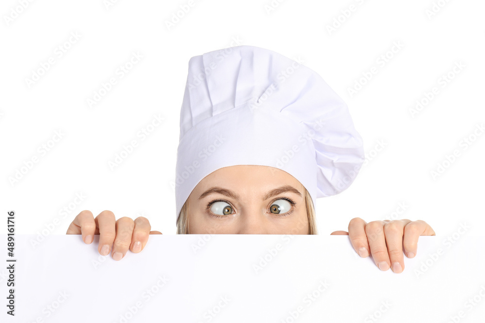 Funny female chef isolated on white background, close up Funny female chef isolated on white background, close up