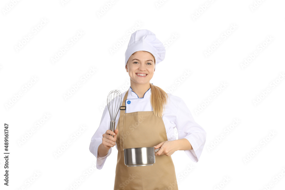 Young female chef isolated on white background Young female chef isolated on white background