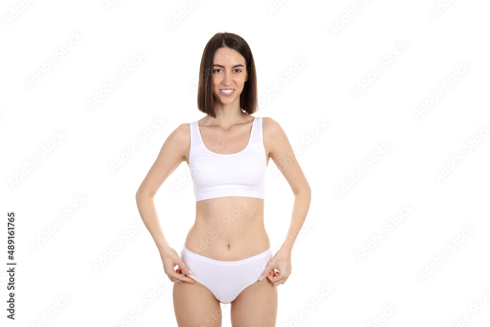 Concept of weight loss with young slim woman isolated on white background Concept of weight loss with young slim woman isolated on white background