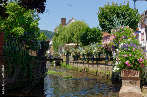 View of Niederbronn-les-bains in spring with the ruver and the flowers