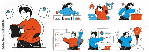 Collection business people making notes, planning, sorting and performing report presentation vector flat illustration. Man and woman having creative idea, donation charity, missed deadline