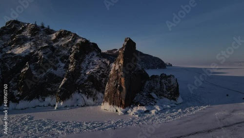 Cape Khoboy on Olkhon Island in Baikal drone flight over a rocky cape