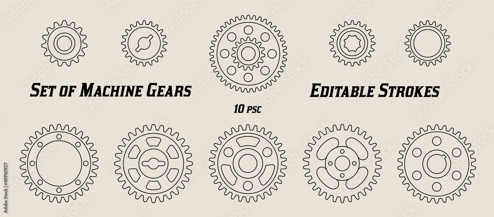Set of machine gears with editable strokes. Simple shapes in line art style. Vector. Set of machine gears with editable strokes. Simple shapes in line art style. Vector.
