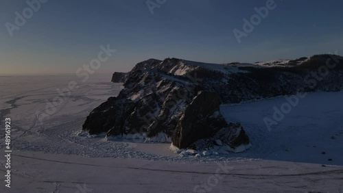 Cape Khoboy on Olkhon Island in Baikal drone flight over a rocky cape